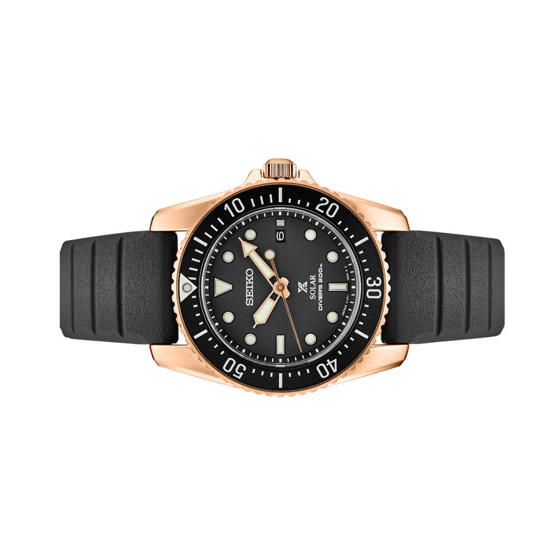 Seiko 38mm Prospex Black Dial Solar Dive Watch with Rose Goldtone Case #SNE586 Side