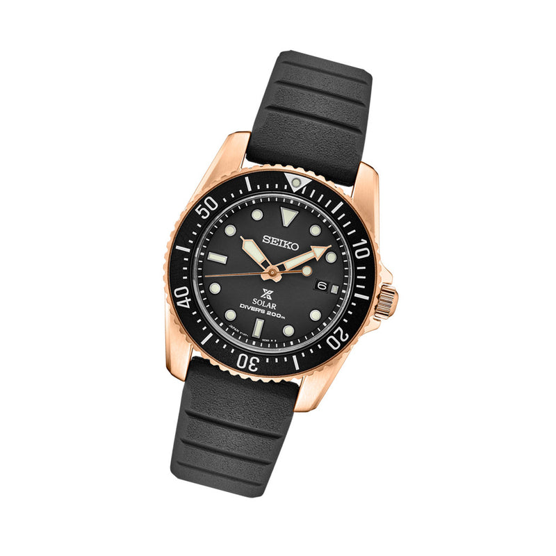 Seiko 38mm Prospex Black Dial Solar Dive Watch with Rose Goldtone Case #SNE586 Tilt