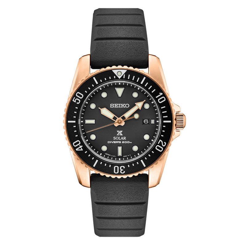 Seiko 38mm Prospex Black Dial Solar Dive Watch with Rose Goldtone Case #SNE586 Zoom