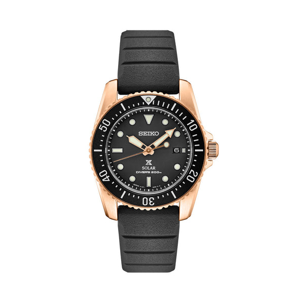 Seiko 38mm Prospex Black Dial Solar Dive Watch with Rose Goldtone Case #SNE586