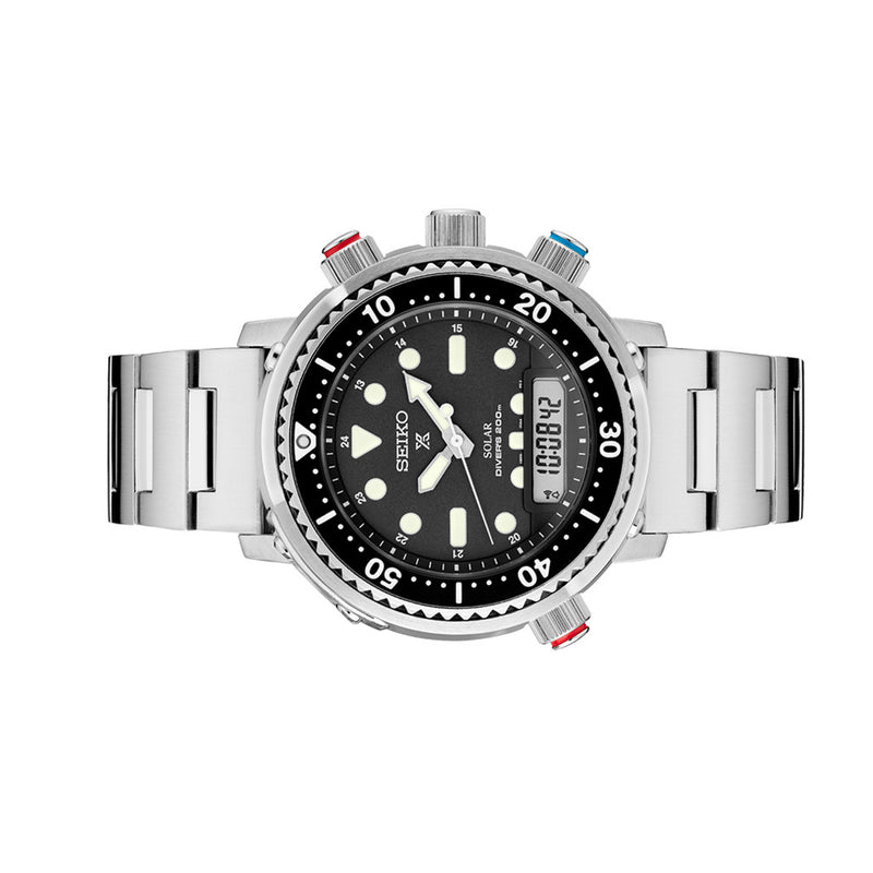 Seiko Prospex Solar Analog-Digital Dive Watch with Depth Meter, Water Temp and Dive Log Functions #SNJ033 side