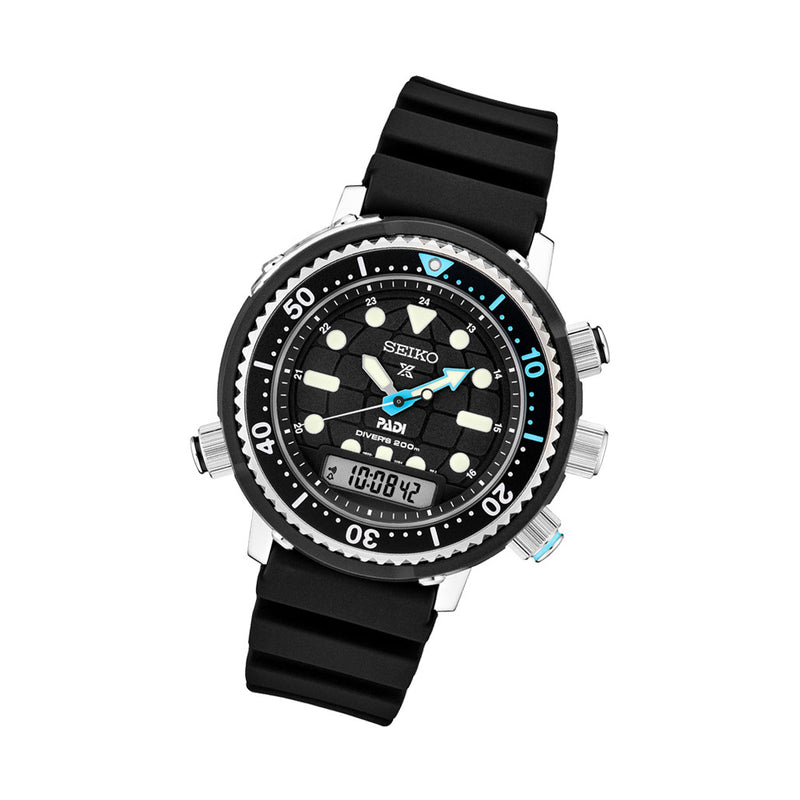 Seiko Prospex PADI Solar Analog-Digital Dive Watch with Depth Meter, Water Temp and Dive Log Functions #SNJ035 tilt