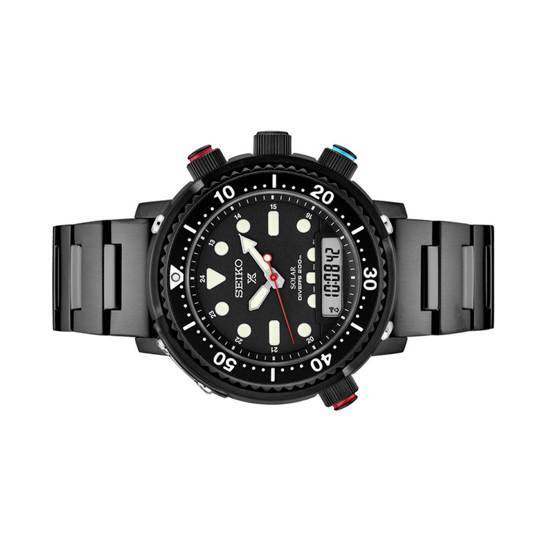 Seiko Prospex Limited Edition Black Analog-Digital Dive Watch Depth Meter, Water Temp and Dive Log Functions #SNJ037 side