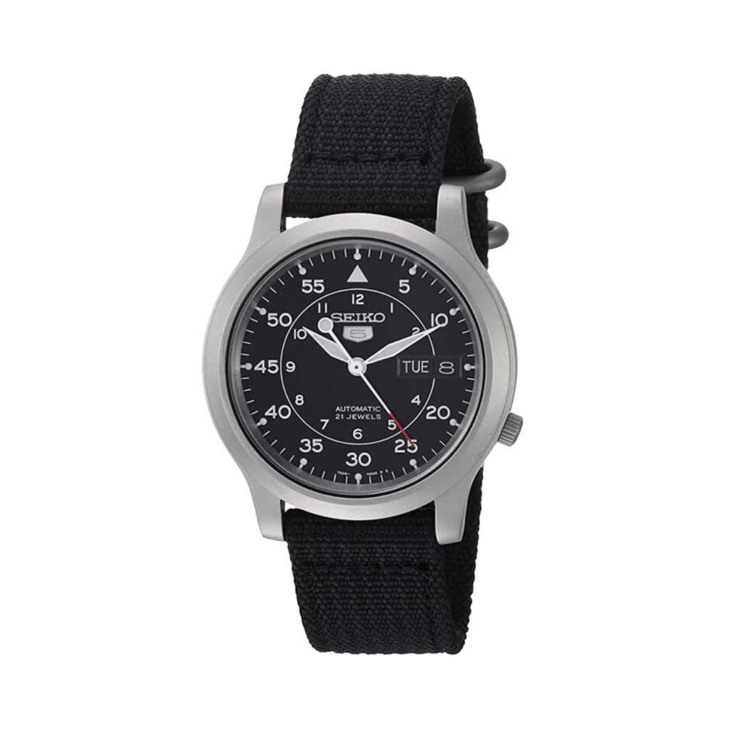 Seiko 5 Military Black Dial Automatic Watch with Back Canvas Strap