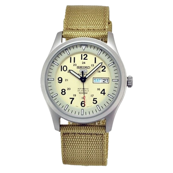 Seiko Military Creme Dial Automatic Watch with 42mm Case, Tan Canvas Strap #SNZG07K1