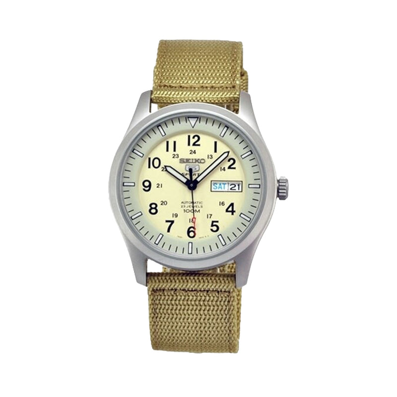 Seiko Military Creme Dial Automatic Watch with 42mm Case, Tan Canvas Strap #SNZG07K1