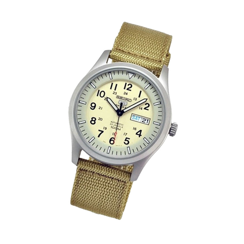 Seiko Military Creme Dial Automatic Watch with 42mm Case, Tan Canvas Strap #SNZG07K1