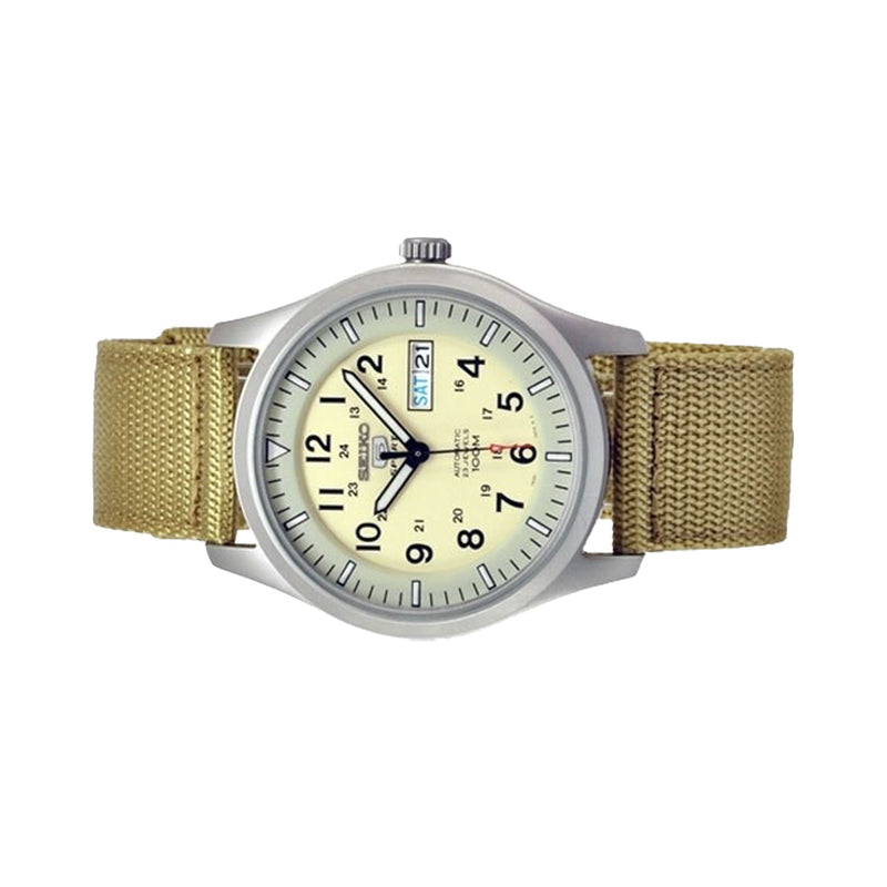 Seiko Military Creme Dial Automatic Watch with 42mm Case, Tan Canvas Strap #SNZG07K1
