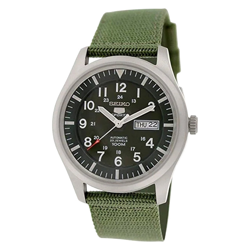 Seiko Military Dark Green Dial Automatic Watch with 42mm Case, Green Canvas Strap #SNZG09K1