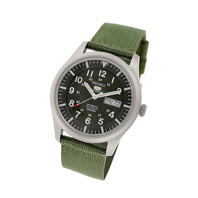 Seiko Military Dark Green Dial Automatic Watch with 42mm Case, Green Canvas Strap #SNZG09K1