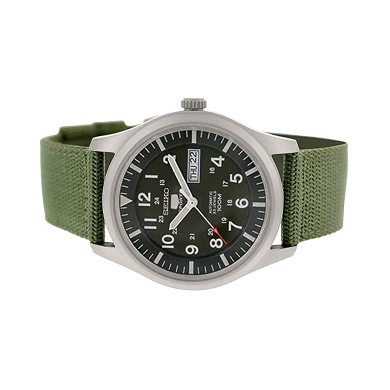Seiko Military Dark Green Dial Automatic Watch with 42mm Case, Green Canvas Strap #SNZG09K1