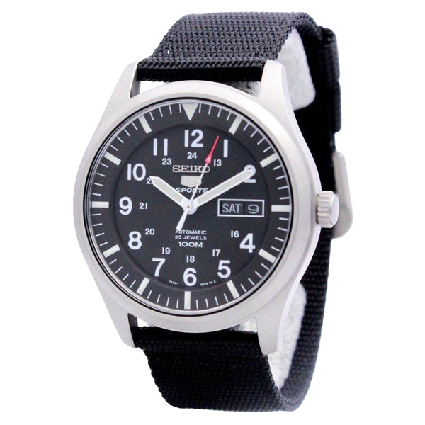 Seiko Military Black Dial Automatic Watch with 42mm Case, Black Canvas Strap #SNZG15K1