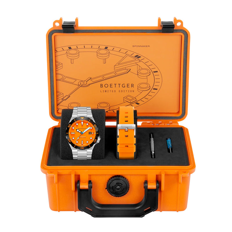 Spinnaker Hi-Beat Boettger Dive Watch with Coral Orange Dial #SP-5083-AA package