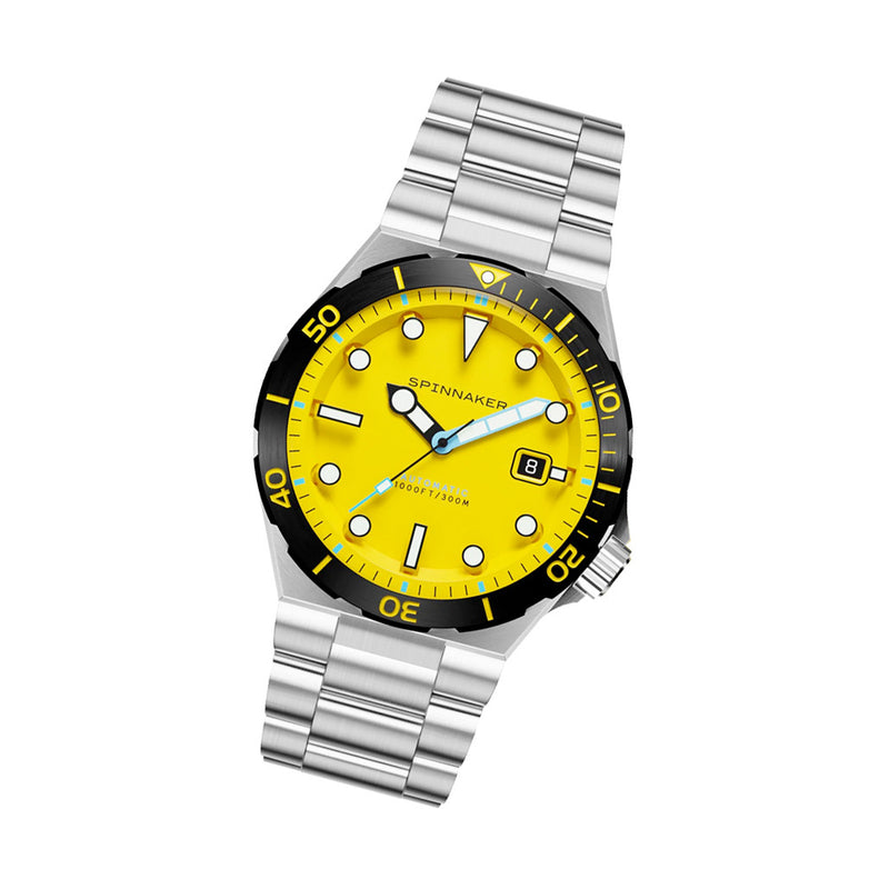 Spinnaker Hi-Beat Boettger Dive Watch with Lemon Yellow Dial #SP-5083-BB tilt