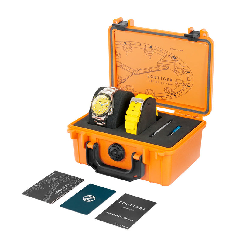Spinnaker Hi-Beat Boettger Dive Watch with Lemon Yellow Dial #SP-5083-BB package