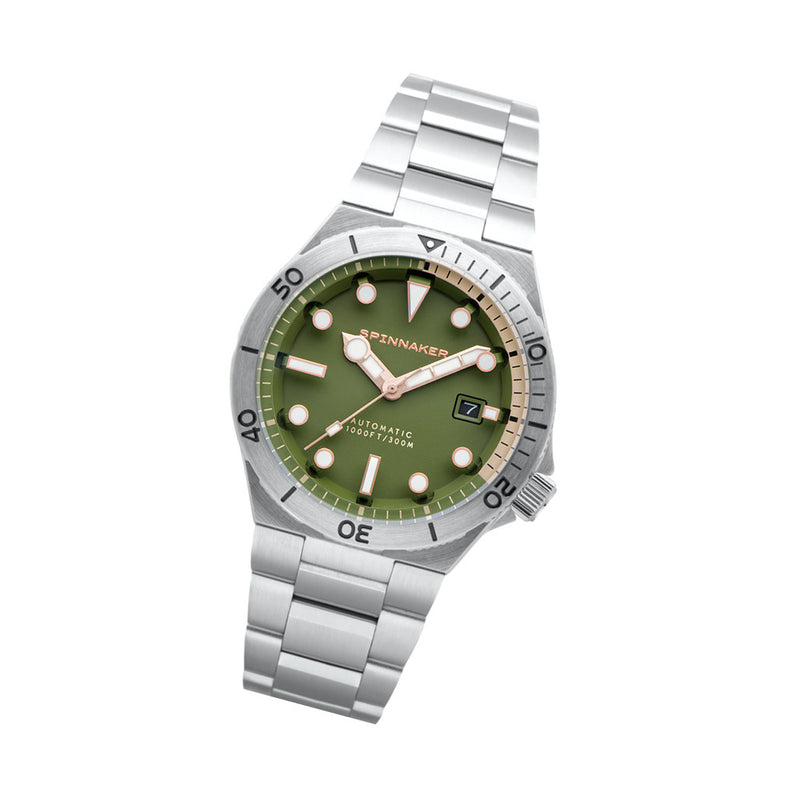 Spinnaker Hi-Beat Boettger Dive Watch with Dark Olive Dial #SP-5083-FF tilt