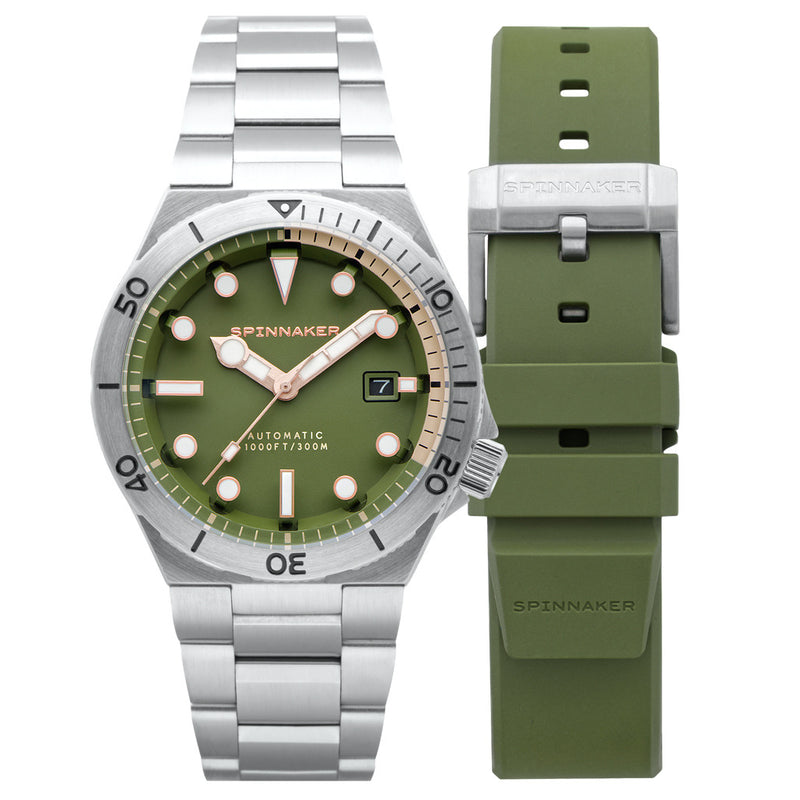 Spinnaker Hi-Beat Boettger Dive Watch with Dark Olive Dial #SP-5083-FF extra strap