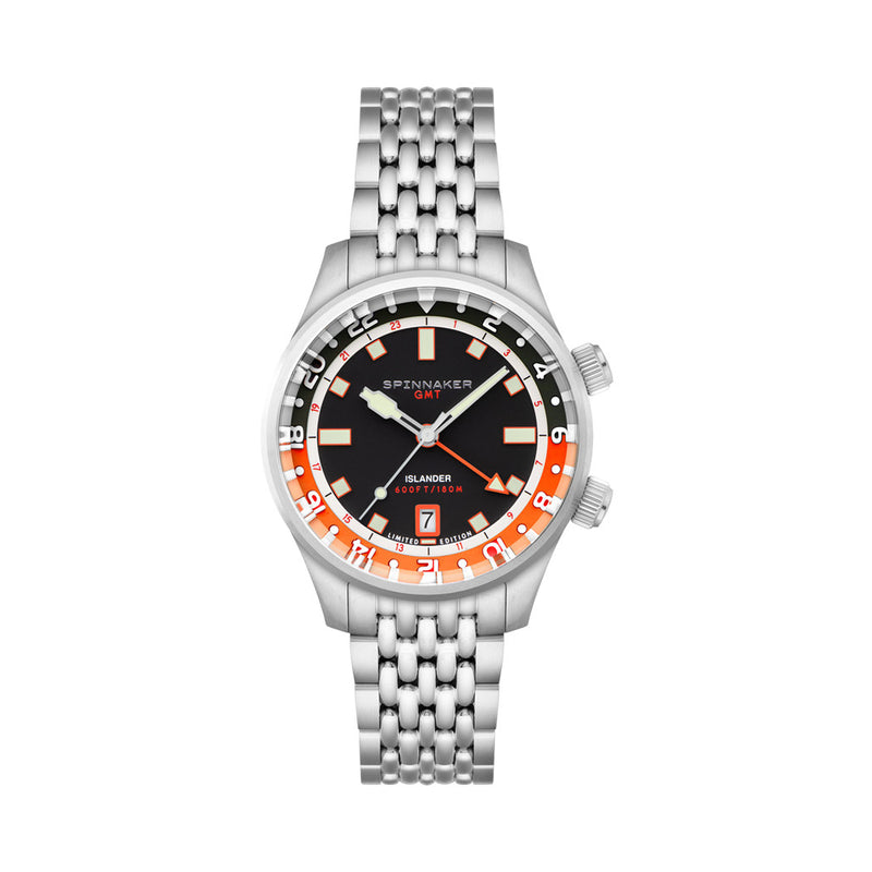 Spinnaker x Islander Bradner GMT Automatic Watch with Black and Orange Dial #SP-5150-LIW22