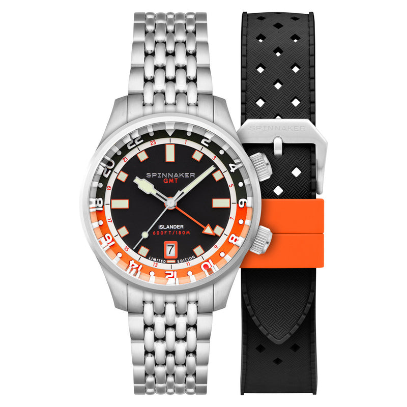 Spinnaker x Islander Bradner GMT Automatic Watch with Black and Orange Dial #SP-5150-LIW22