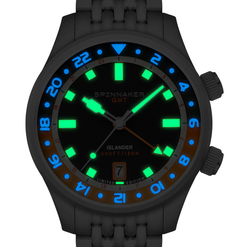 Spinnaker x Islander Bradner GMT Automatic Watch with Black and Orange Dial #SP-5150-LIW22