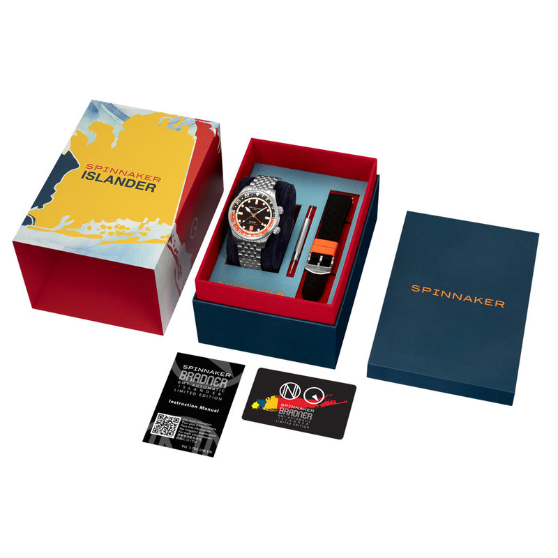 Spinnaker x Islander Bradner GMT Automatic Watch with Black and Orange Dial #SP-5150-LIW22