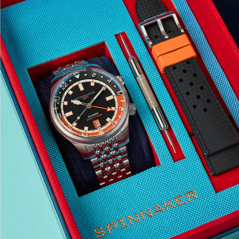 Spinnaker x Islander Bradner GMT Automatic Watch with Black and Orange Dial #SP-5150-LIW22