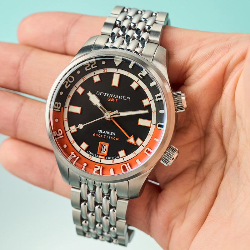 Spinnaker x Islander Bradner GMT Automatic Watch with Black and Orange Dial #SP-5150-LIW22