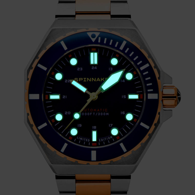Spinnaker x Islander Dumas Limited Edition Two-Tone Watch with Deep Blue Dial #SP-5081-LIW22 lume
