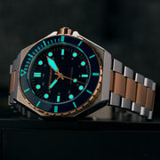 Spinnaker x Islander Dumas Limited Edition Two-Tone Watch with Deep Blue Dial #SP-5081-LIW22 lume