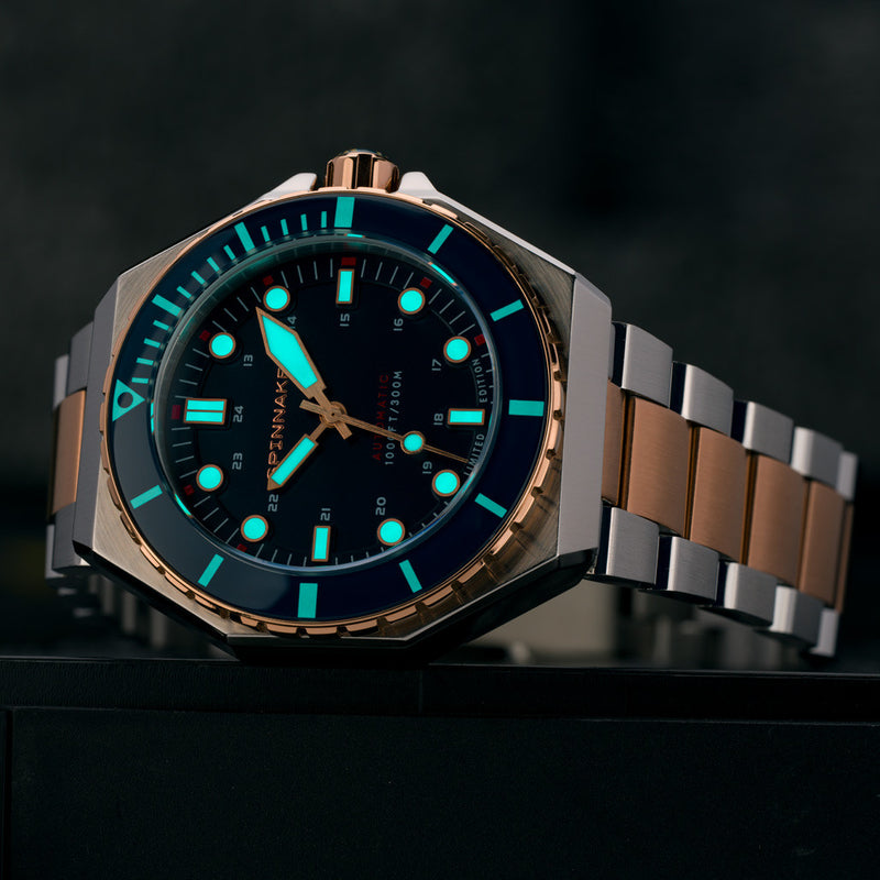 Spinnaker x Islander Dumas Limited Edition Two-Tone Watch with Deep Blue Dial #SP-5081-LIW22 lume