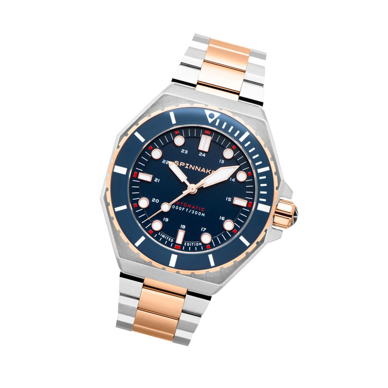 Spinnaker x Islander Dumas Limited Edition Two-Tone Watch with Deep Blue Dial #SP-5081-LIW22 tilt