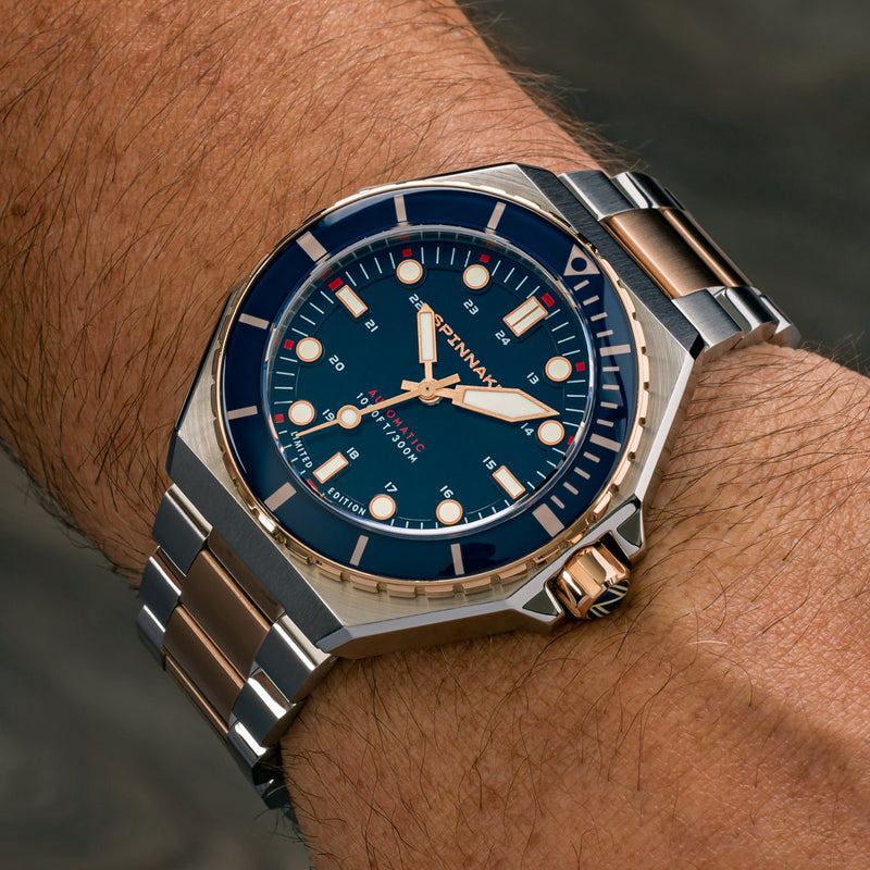 Spinnaker x Islander Dumas Limited Edition Two-Tone Watch with Deep Blue Dial #SP-5081-LIW22 wrist