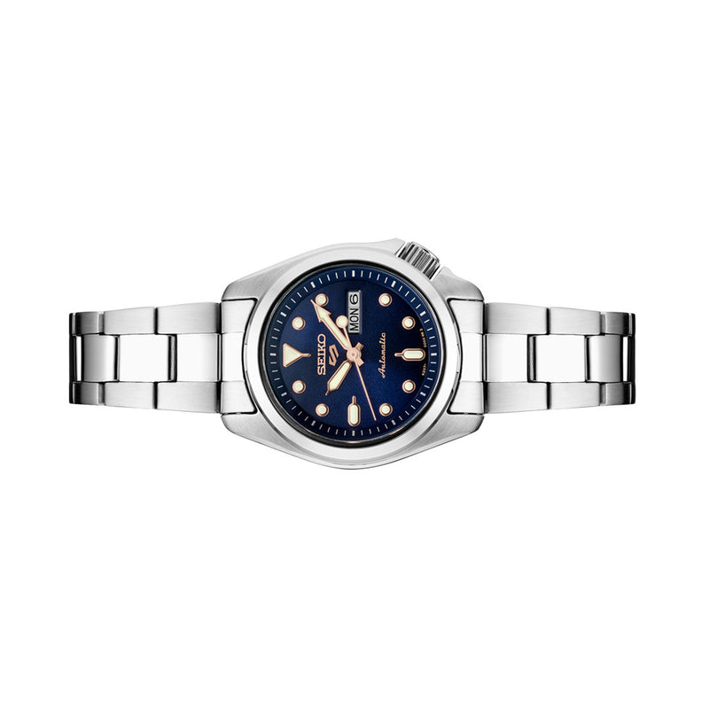 Seiko 5 Sports Automatic Watch with Sunburst Blue Dial and 28mm Case #SRE003 Side