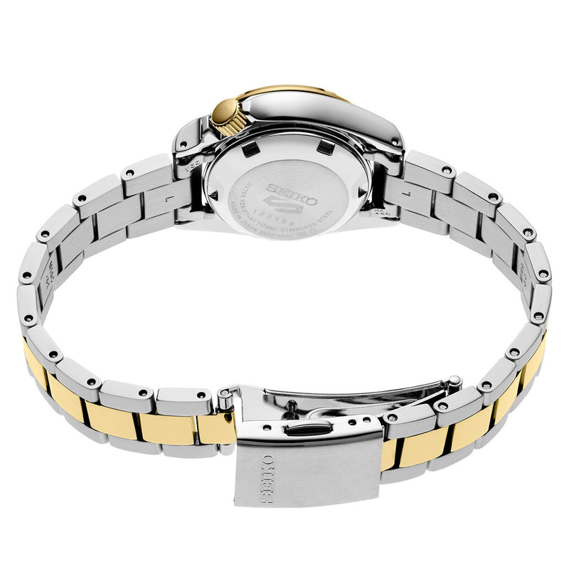 Seiko 5 Sports Automatic Watch with White Dial and 28mm Two-Tone Case #SRE004 Back