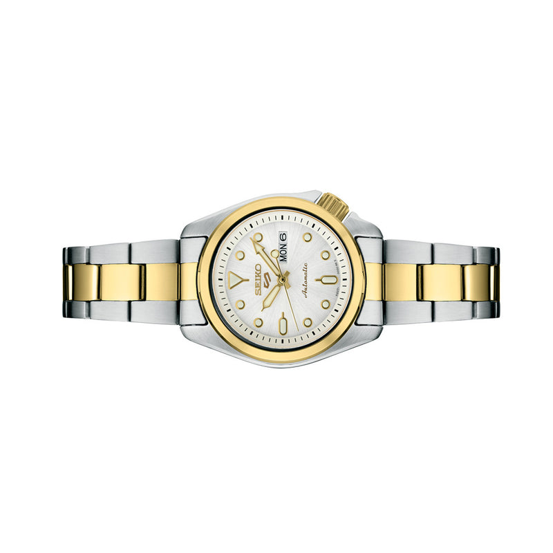 Seiko 5 Sports Automatic Watch with White Dial and 28mm Two-Tone Case #SRE004 Side