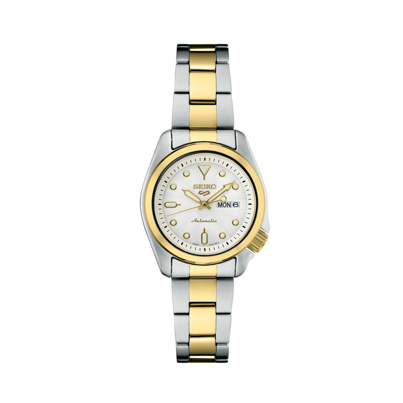 Seiko 5 Sports Automatic Watch with White Dial and 28mm Two-Tone Case #SRE004