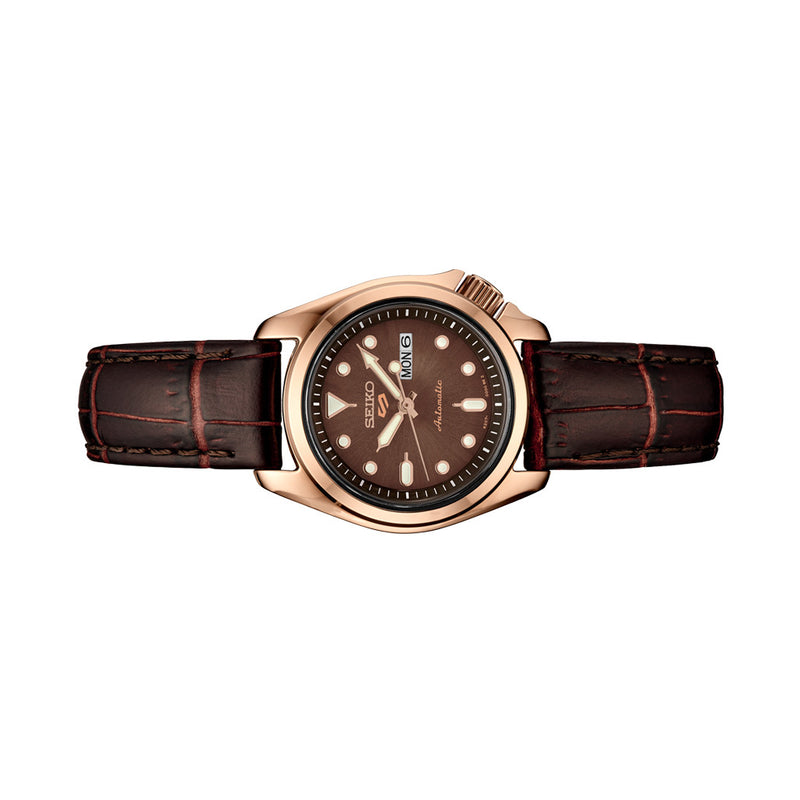 Seiko 5 Sports Automatic Watch with Chocolate Dial and 28mm Rose Goldtone Case #SRE006 Side