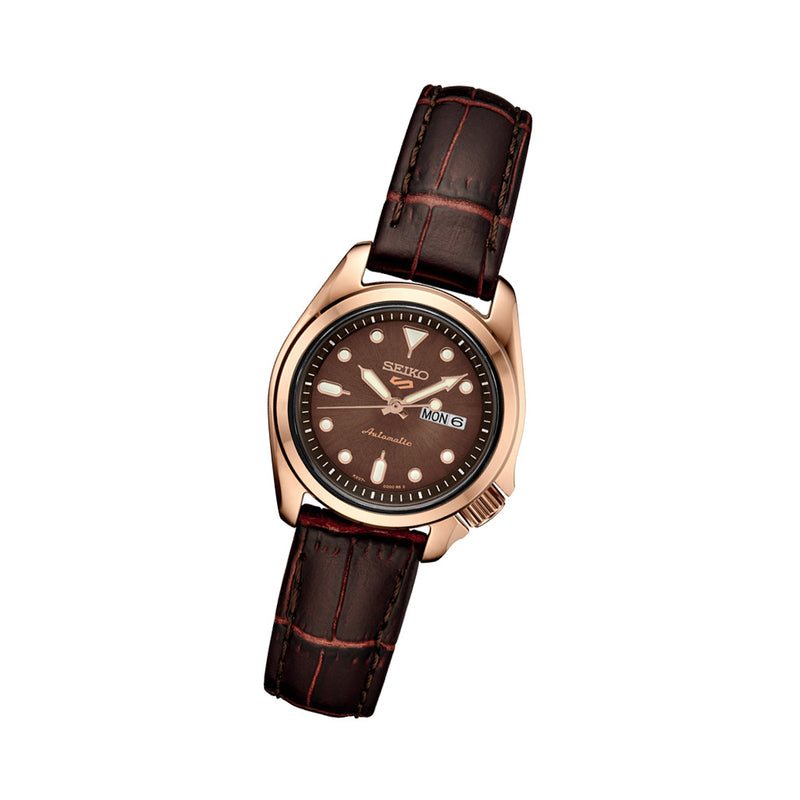 Seiko 5 Sports Automatic Watch with Chocolate Dial and 28mm Rose Goldtone Case #SRE006 Tilt