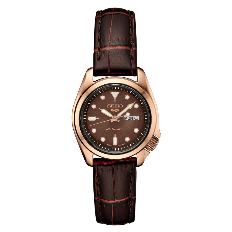 Seiko 5 Sports Automatic Watch with Chocolate Dial and 28mm Rose Goldtone Case #SRE006 Zoom