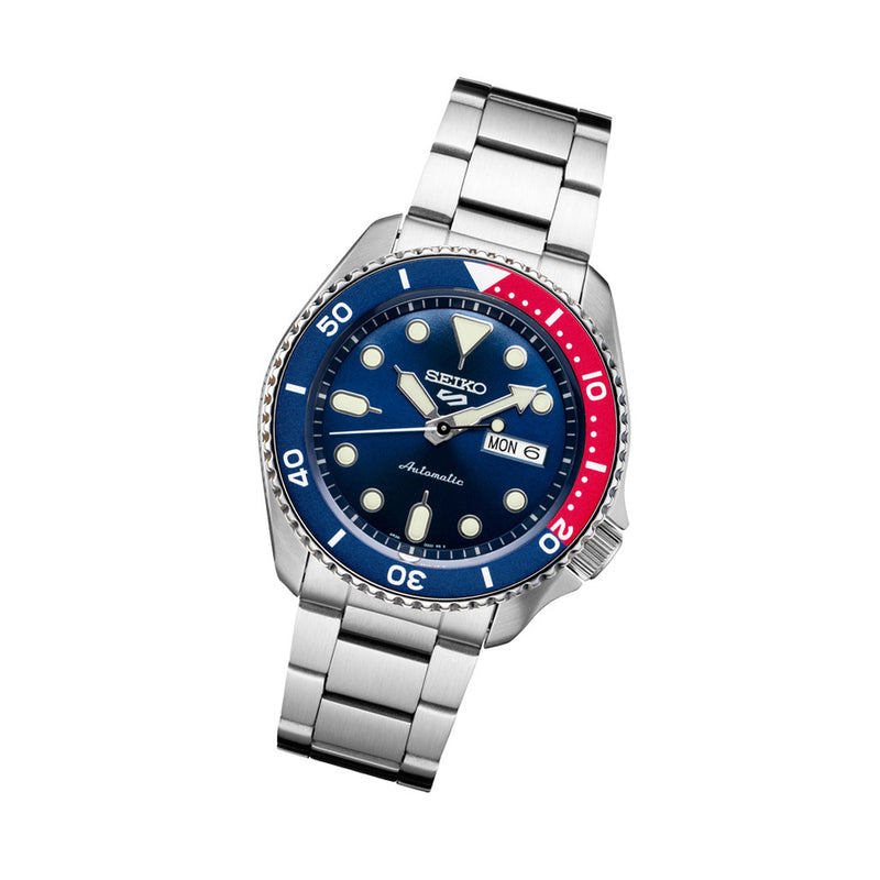 Seiko 5 Sports Automatic Watch with Blue Dial and Pepsi Bezel #SRPD53 tilt
