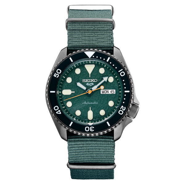 Seiko 5 Sports 24-Jewel Automatic Watch with Textured Green Dial and Nylon Strap #SRPD77
