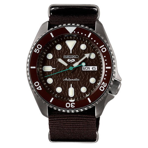 Seiko 5 Sports 24-Jewel Automatic Watch with Textured Chestnut Red Dial and Nylon Strap #SRPD85