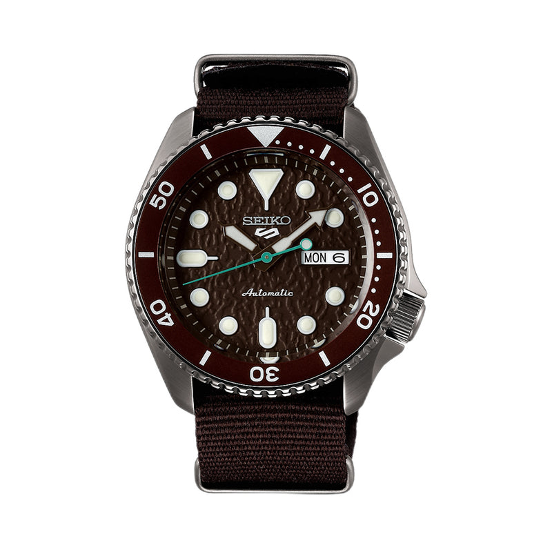 Seiko 5 Sports 24-Jewel Automatic Watch with Textured Chestnut Red Dial and Nylon Strap #SRPD85