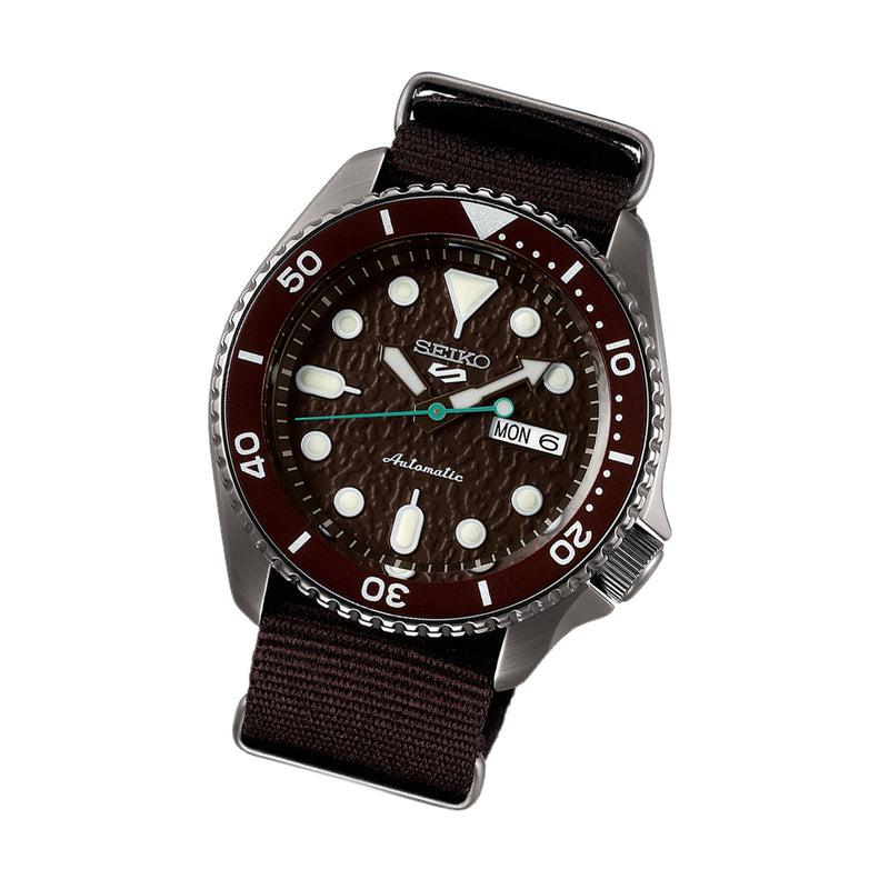 Seiko 5 Sports 24-Jewel Automatic Watch with Textured Chestnut Red Dial and Nylon Strap #SRPD85