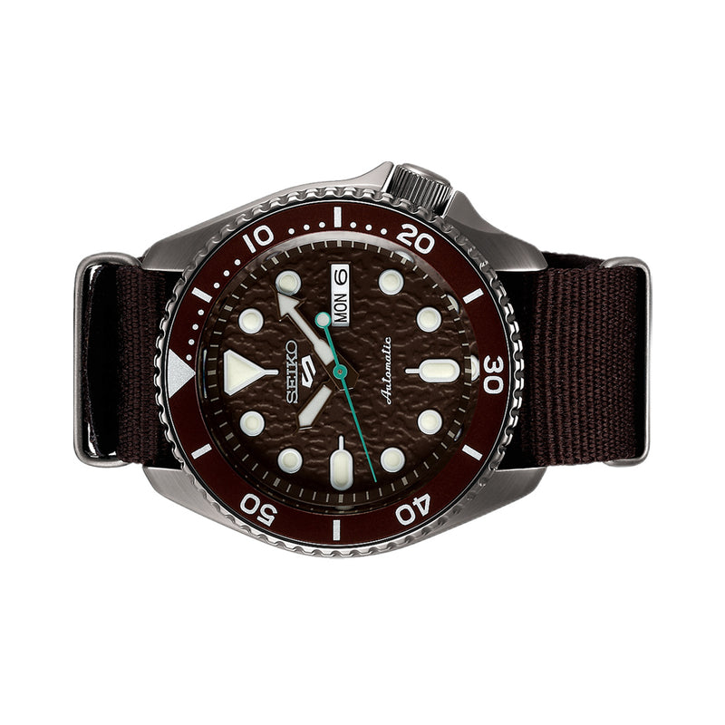 Seiko 5 Sports 24-Jewel Automatic Watch with Textured Chestnut Red Dial and Nylon Strap #SRPD85