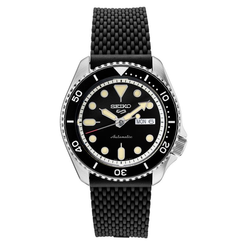 Seiko 5 Sports 24-Jewel Automatic Watch with Black Dial and Silicone Strap #SRPD93