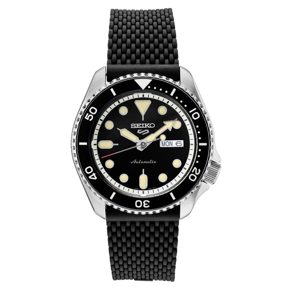 Seiko 5 Sports 24-Jewel Automatic Watch with Black Dial and Silicone Strap #SRPD93