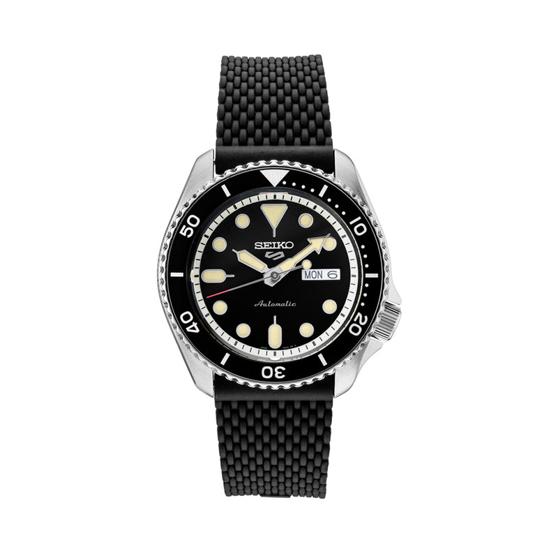 Seiko 5 Sports 24-Jewel Automatic Watch with Black Dial and Silicone Strap #SRPD93