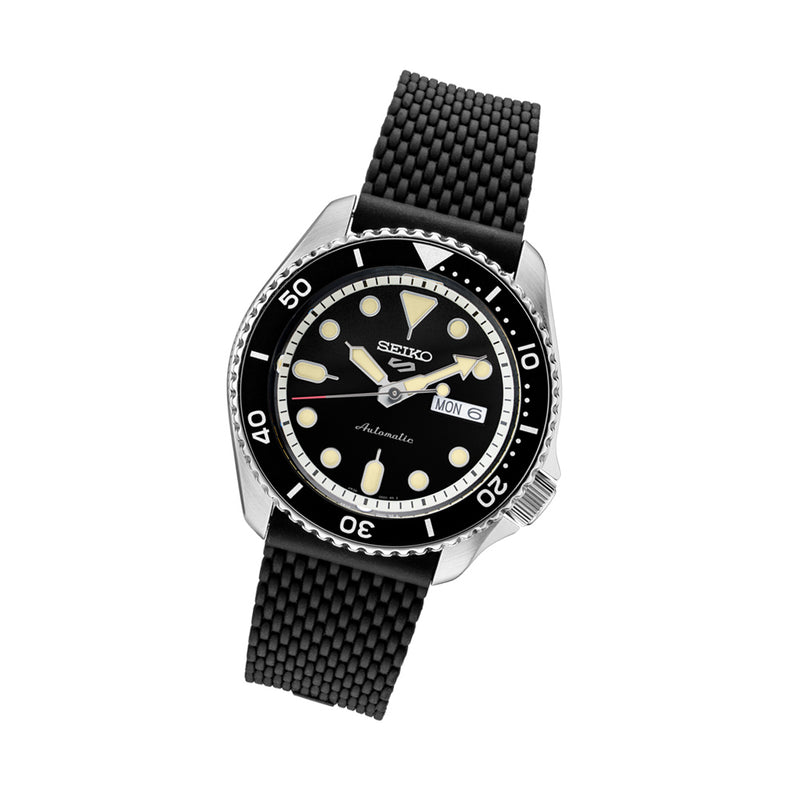 Seiko 5 Sports 24-Jewel Automatic Watch with Black Dial and Silicone Strap #SRPD93