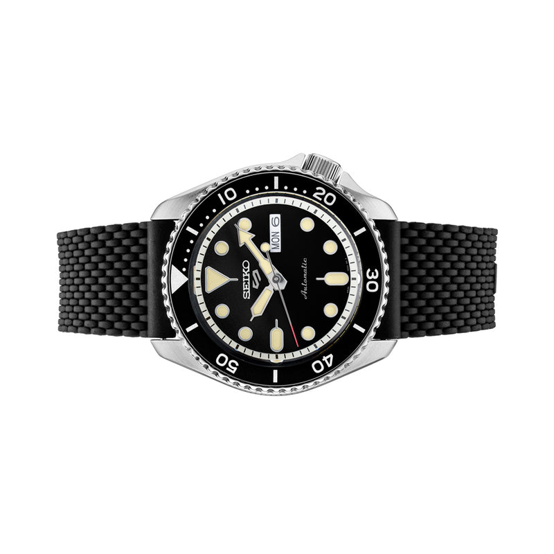 Seiko 5 Sports 24-Jewel Automatic Watch with Black Dial and Silicone Strap #SRPD93